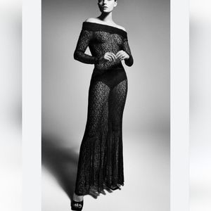 Zara Black Lace Off-Shoulder Maxi Dress